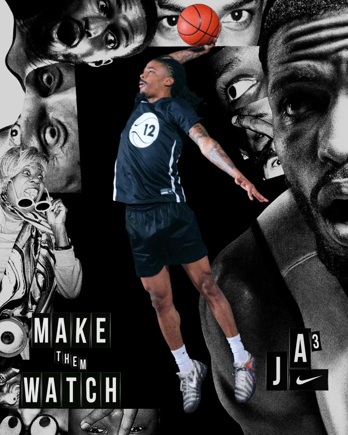 Make Them Watch, a Nike Ja 3 collage poster with a dunk in mid air surrounded by halftone faces